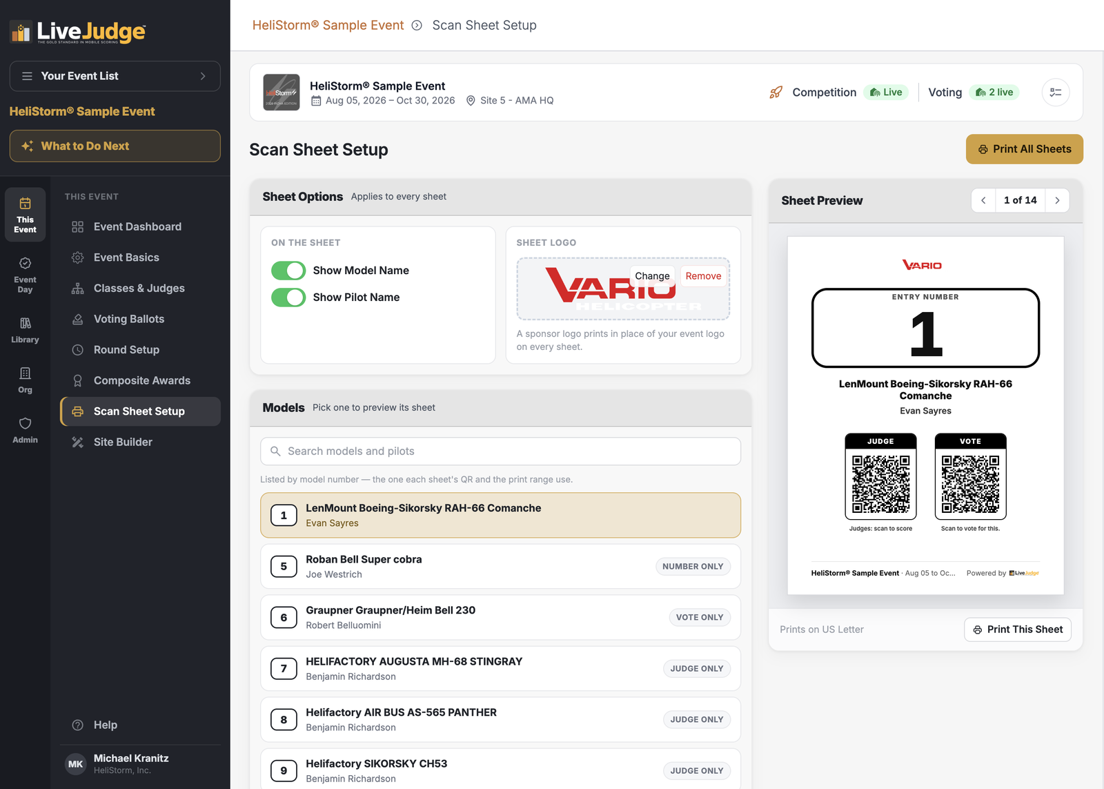 The Scan Sheet Setup screen, with sheet options, the entry list and the sheet preview