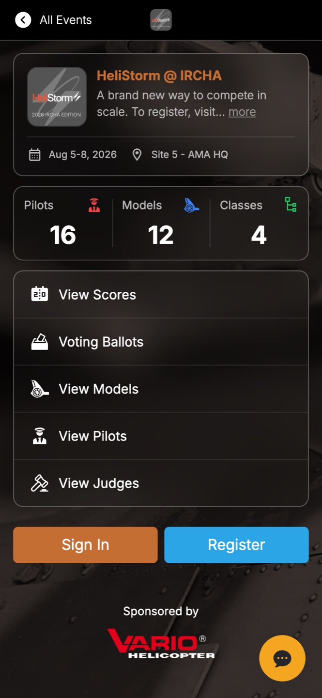 The public event page — contestants tap Sign In (or Register) here.