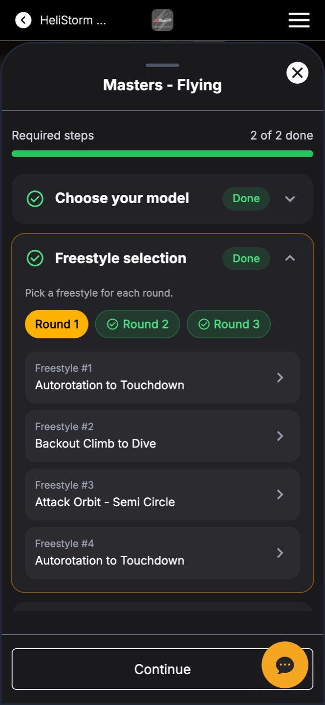 A class-specific step: freestyle picks per round, with per-round completion chips.