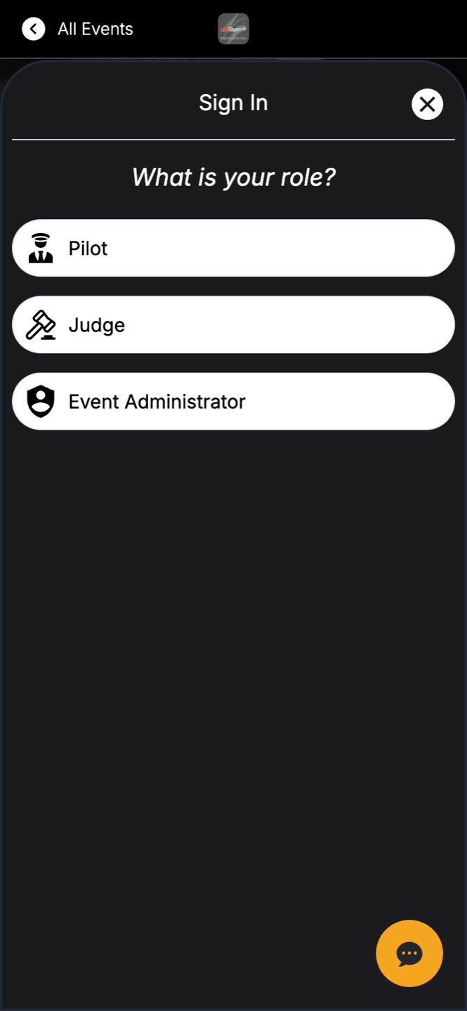 Role selection — worded in the event's own terms (here, an RC event: Pilot).