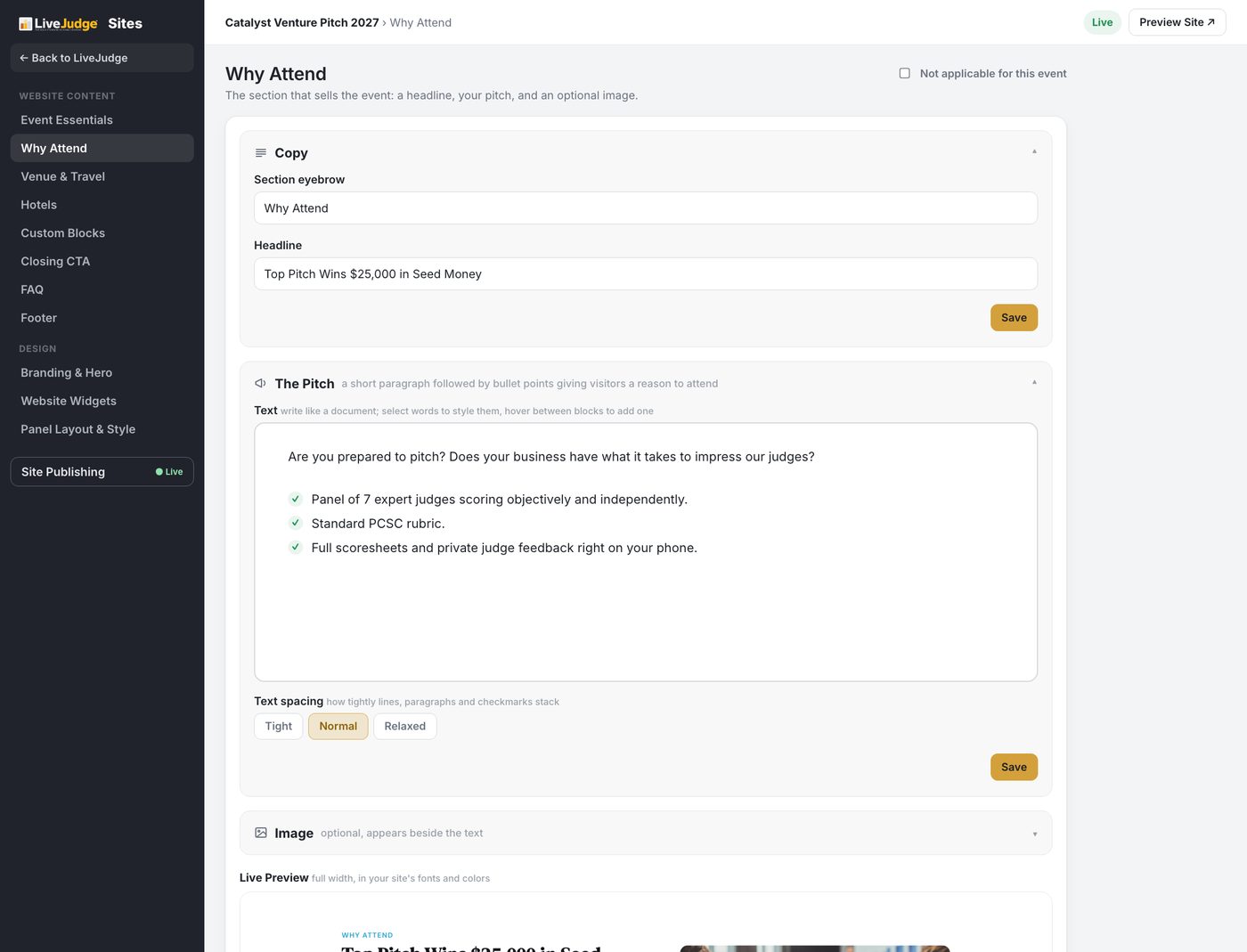 Why Attend: the copy, the pitch, an optional image, and a live preview of the finished section.