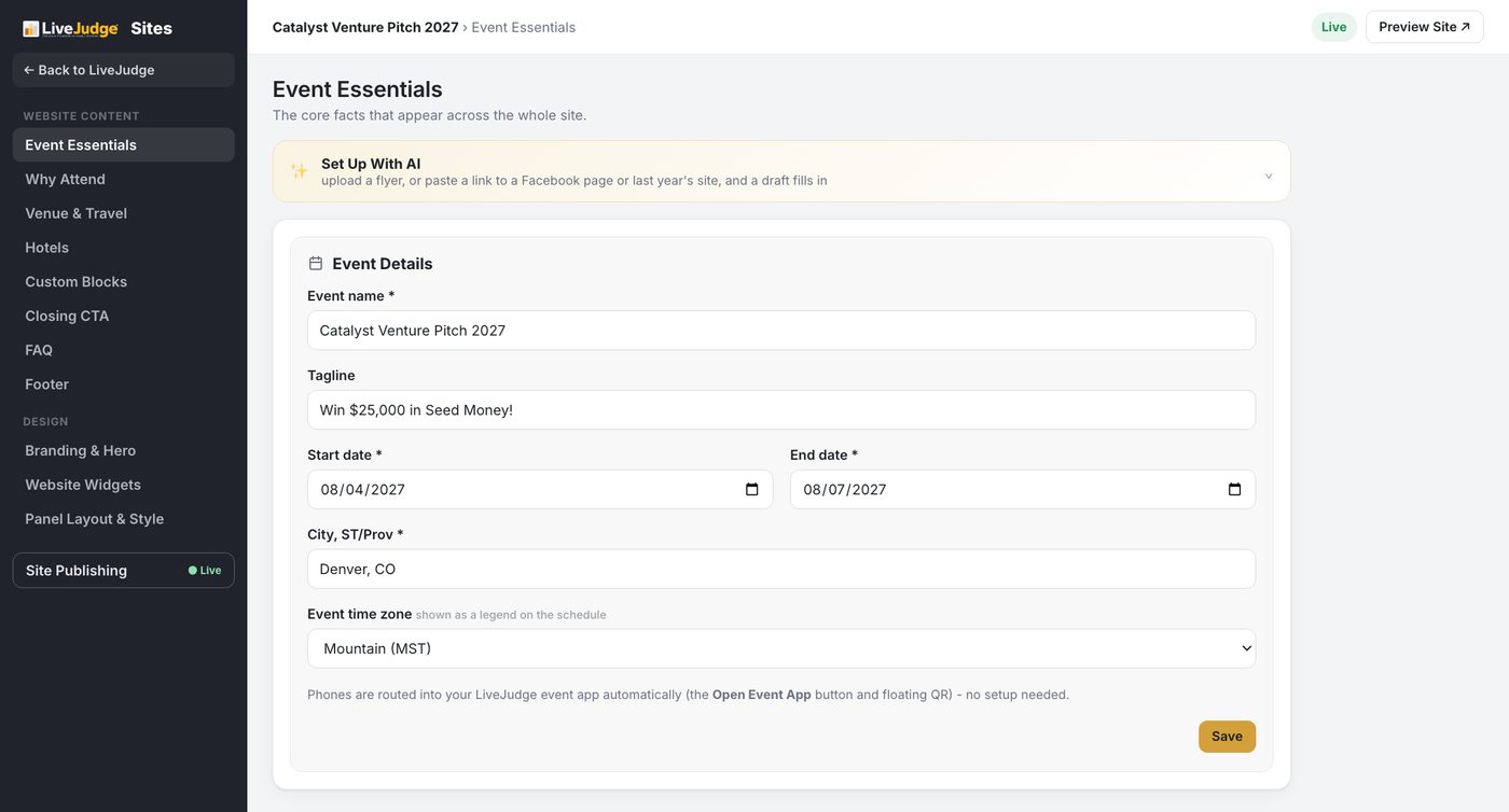 Event Essentials: the facts that appear across the whole site.