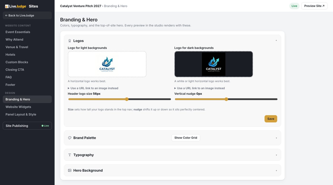 Branding and Hero: logos, brand palette, typography, and the hero background.
