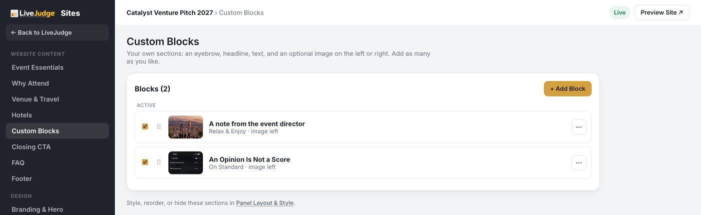 Custom Blocks: your own sections, with the image on the left or the right.