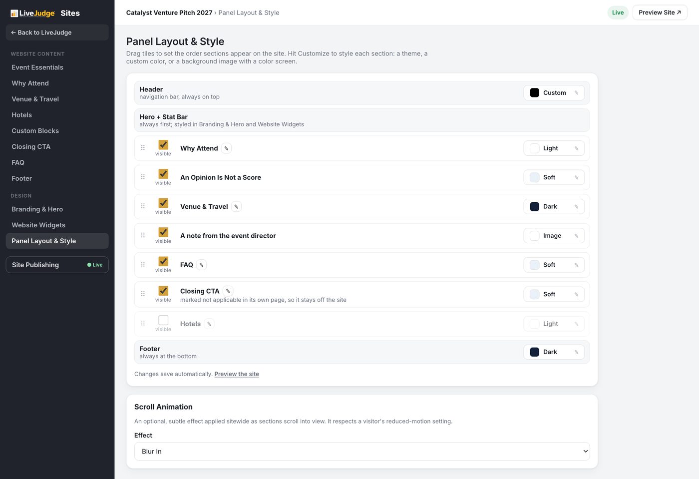 Panel Layout and Style: the running order, a theme per section, and the scroll effect.