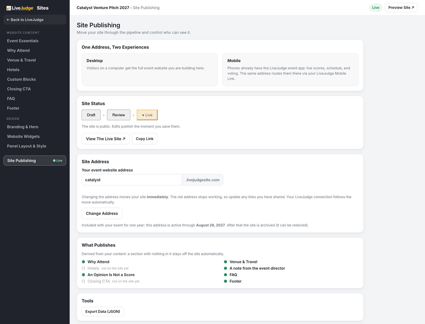 Site Publishing: the stage, the review password, the address, and what will publish.