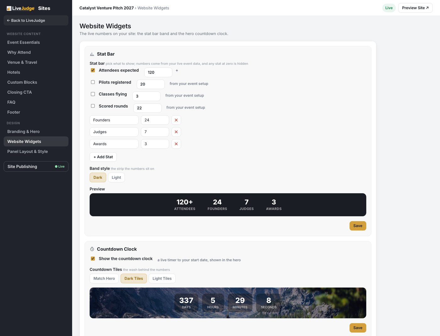 Website Widgets: pick the stats, style the band, and switch on the countdown.