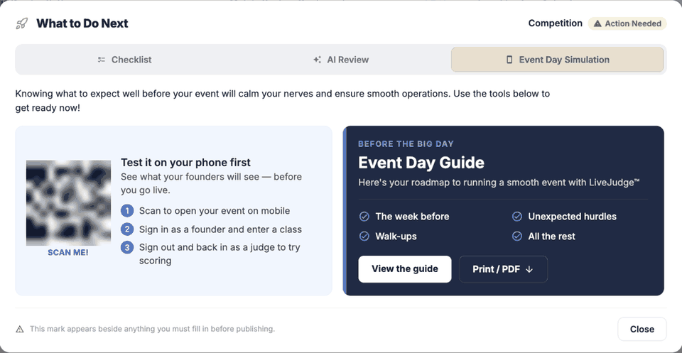 What to Do Next Event Day Simulation tab
